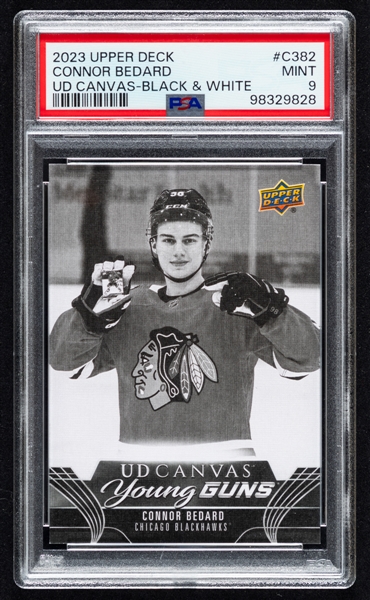 2023-24 Upper Deck UD Canvas Black Young Guns Hockey Card #C382 Connor Bedard - Graded PSA 9