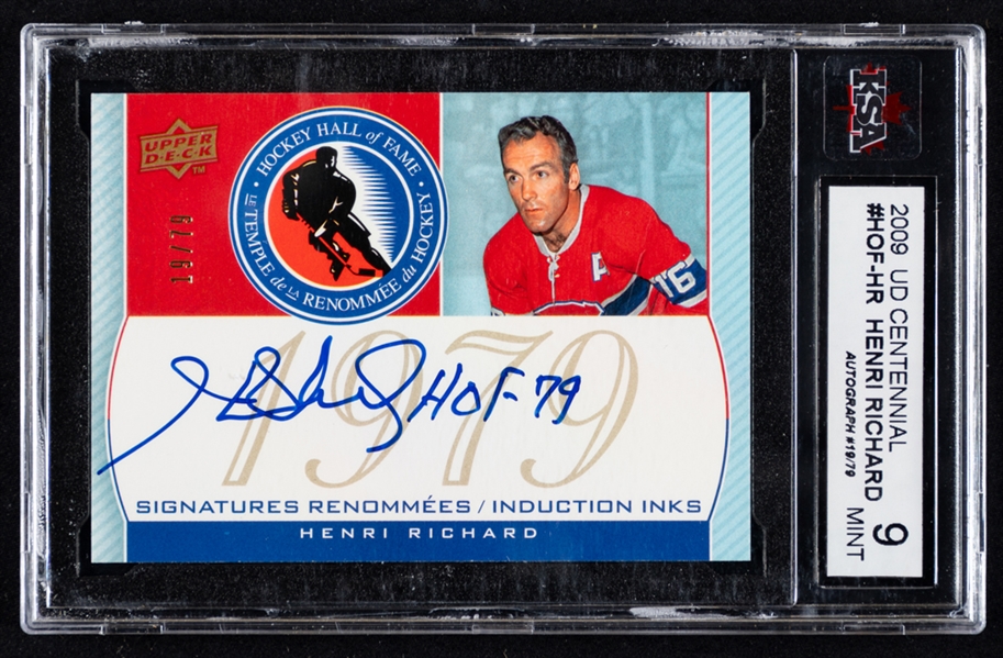 2008-09 Upper Deck Montreal Canadiens Centennial "HOF Induction INKS" Signed Limited-Edition Hockey Card #HOF-HR HOFer Henri Richard (19/79) - Graded KSA 9