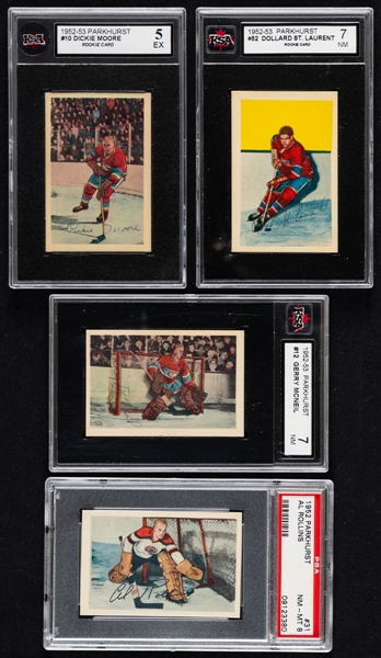 1952-53 Parkhurst PSA/KSA-Graded Hockey Cards (10) Including #10 HOFer Dickie Moore Rookie (EX 5), #12 Gerry McNeil (NM 7) and #31 Al Rollins (NM-MT 8)