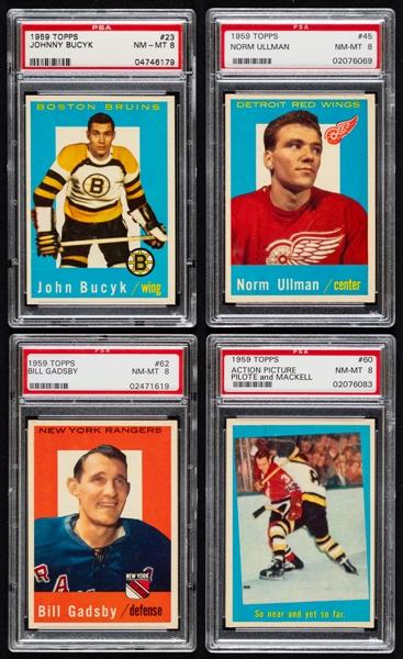 1959-60 Topps PSA-Graded Hockey Cards (8) Including HOFers #23 Johnny Bucyk (NM-MT 8), #45 Norm Ullman (NM-MT 8) and #62 Bill Gadsby (NM-MT 8)