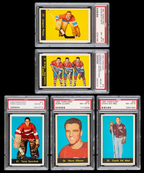 1960-61 Parkhurst Hockey Cards (18) with PSA-Graded Examples (9) Including HOFers #53 Jacques Plante (NM-MT 8), #31 Terry Sawchuk (NM-MT 8) and #26 Norm Ullman (NM-MT 8)