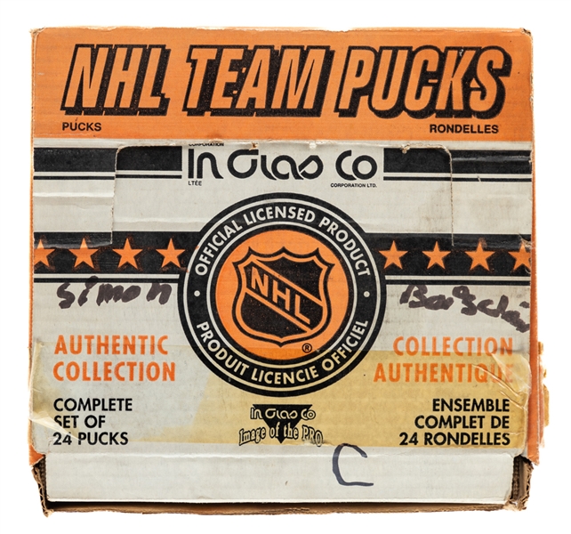 Vintage Circa 1992-93 InGlasCo NHL Collection of 24 Pucks In Original Box Plus Additional Vintage Pucks (9)