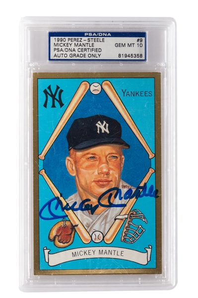 Deceased HOFer Mickey Mantle Signed 1990 Perez-Steele Master Works Postcard (PSA/DNA Certified Authentic Autograph - Autograph Graded GEM MT 10)