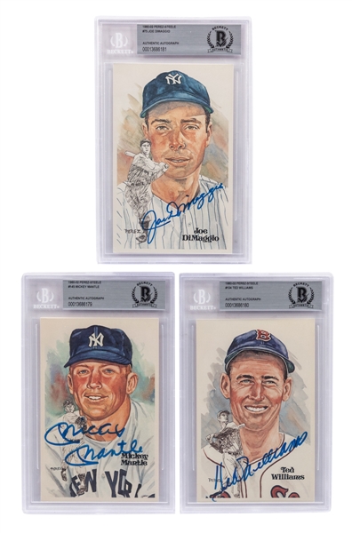 Deceased HOFers Mickey Mantle, Joe DiMaggio and Ted Williams Signed 1980-02 Perez-Steele Postcards (Beckett Certified Authentic Autographs)