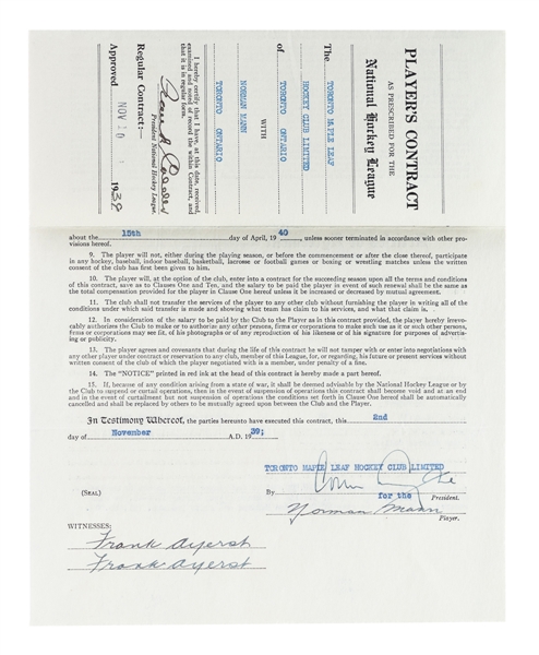 Norman Manns 1939-40 Toronto Maple Leafs NHL Contract Signed by Deceased HOFers Frank Calder and Conn Smythe