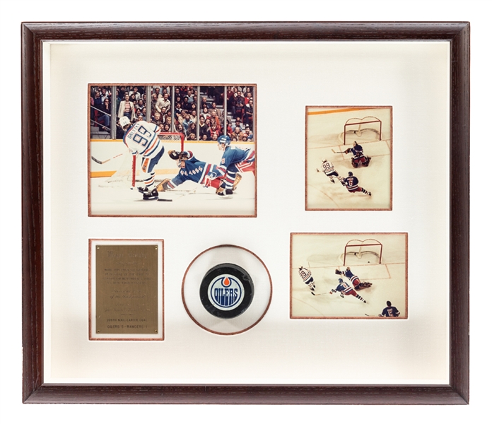 Wayne Gretzkys November 5th 1982 Edmonton Oilers Goal Puck Framed Display Plus Game Sheet and Ticket Stub with LOA - 10th Goal of the Season (20 ¾” x 24”)