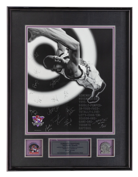 Toronto Raptors 1995-96 Inaugural Season Limited-Edition Ed Chin Team-Signed Lithograph and Medallions Framed Display with JSA LOA (26 1/2" x 34 1/2")