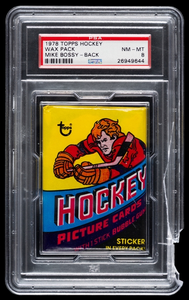 1978-79 Topps Hockey Unopened Wax Pack - Graded PSA NM-MT 8 - Showing on Back Mike Bossy Rookie Card 