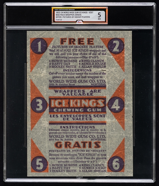 1933-34 World Wide Gum Ice Kings V357 Hockey Inner Wrapper (Premium Photos Offer) - Graded iCert EX 5