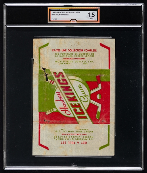 1937-38 World Wide Gum V356 Hockey Wrapper - Graded iCert FR 1.5