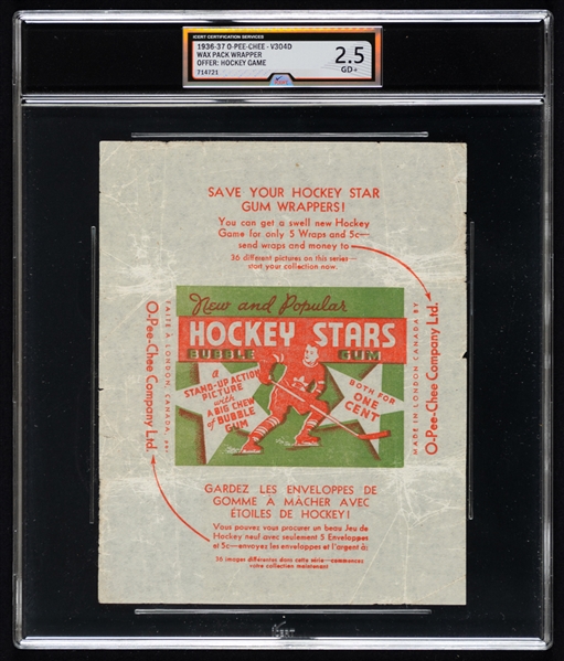 1936-37 O-Pee-Chee V304D Hockey Series "D" Wrapper (Hockey Game Offer) - Graded iCert GD+ 2.5