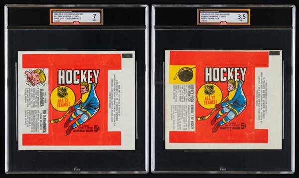 1968-69 O-Pee-Chee Hockey Series 1 Wrapper (Harmonica Offer - Graded iCert NM 7) and 1968-69 O-Pee-Chee Hockey Series 1 Wrapper (Hockey Puck Offer - Graded iCert VG+ 3.5)