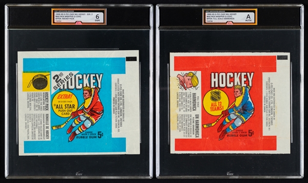 1968-69 O-Pee-Chee Hockey Series 2 Wrapper (Hockey Puck Offer - Graded iCert ENM 6) and 1968-69 O-Pee-Chee Hockey Series 1 Wrapper (Harmonica Offer - Graded iCert Authentic)