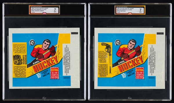 1969-70 O-Pee-Chee Hockey Series 1 Wrapper (Wonder Camera Offer - Graded iCert NM 7) and 1969-70 O-Pee-Chee Hockey Series 1 Wrappers (2 - Dart Gun Offer - Graded iCert NM 7 and VG-EX+ 4.5)