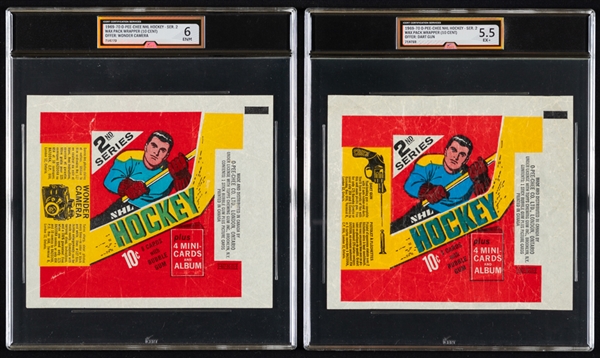 1969-70 O-Pee-Chee Hockey Series 2 Wrapper (Wonder Camera Offer - Graded iCert ENM 6) and 1969-70 O-Pee-Chee Hockey Series 2 Wrapper (Dart Gun Offer - Graded iCert EX+ 5.5) 