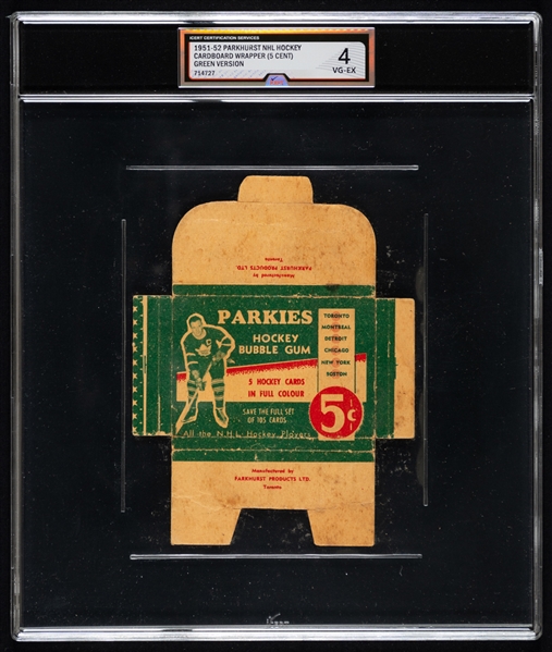 1951-52 Parkhurst Hockey Card Wrapper Box (Green Variation) -  Graded iCert VG-EX 4