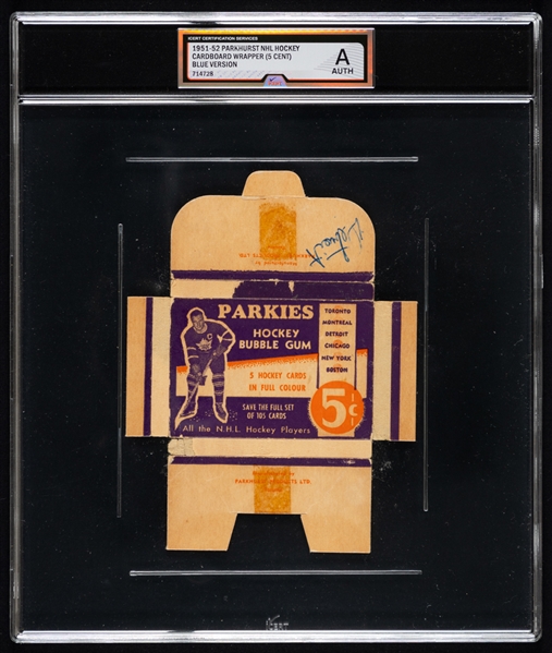 1951-52 Parkhurst Hockey Card Wrapper Box (Purple Variation) -  Graded iCert Authentic