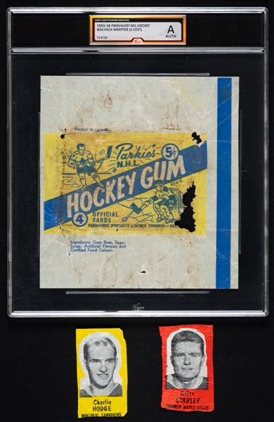 1955-56 Parkhurst Hockey Wrapper (Graded iCert Authentic) Plus 1960-61 Parkhurst Gum Wrappers of Charlie Hodge and Allan Stanley