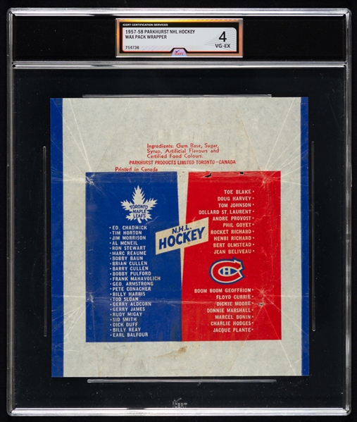 1957-58 Parkhurst Hockey Wrapper - Graded iCert VG-EX 4