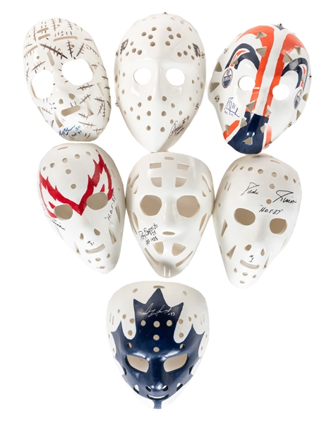 Vintage Autographed Replica Goalie Mask Collection of 7 Including HOFers Esposito, Fuhr, Cheevers, Parent and Giacomin (x2) Plus Doug Favell - Many w/COAs!