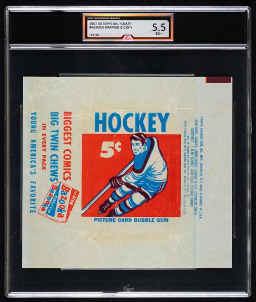 1957-58 Topps Hockey Wrapper (Graded iCert EX+ 5.5) Plus 1958-59 Topps Card Wrapper (Trimmed)