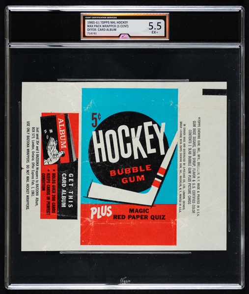 1960-61 Topps Hockey Wrapper (Card Album Offer) - Graded iCert EX+ 5.5