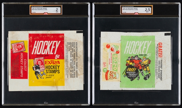 1961-62 Topps Hockey Wrapper (Graded iCert GD 2) and 1962-63 Topps Hockey Wrapper (Graded iCert GD+ 2.5) 