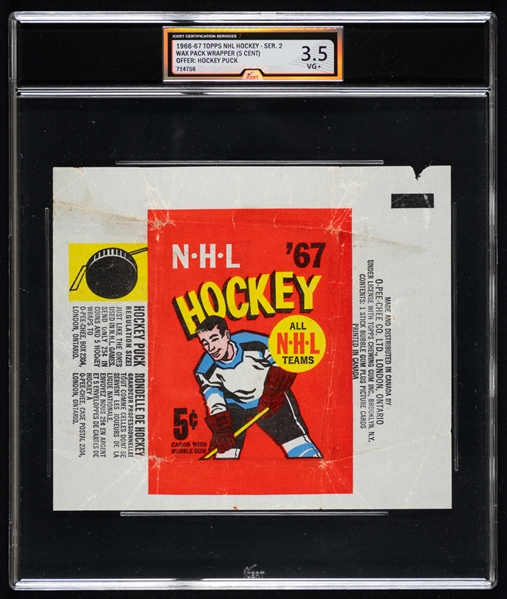 1966-67 Topps Hockey Series 2 Wrapper (67 Notation - Hockey Puck Offer) - Graded iCert VG+ 3.5 - Bobby Orr Rookie Card Year!