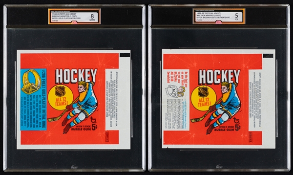 1968-69 Topps Hockey Wrapper (Gold Plated Initial Ring Offer - Graded iCert NMM 8) and 1968-69 Topps Hockey Wrapper (Bazooka Joe Club Sweatshirt Offer - Graded iCert EX 5) 