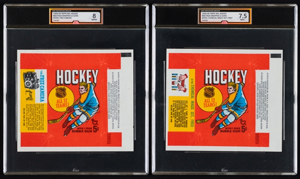 1968-69 Topps Hockey Wrapper (Free Camera Offer - Graded iCert NMM 8) and 1968-69 Topps Hockey Wrapper (Chemical Magic Set Offer - Graded iCert NM+ 7.5) 