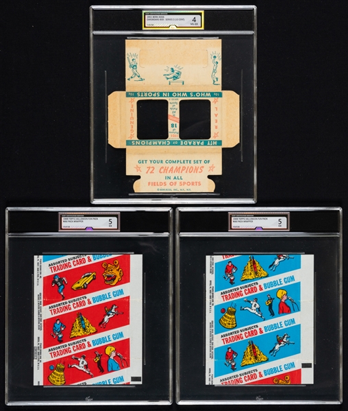 1951 Berk Ross Series 3 Wrapper Box (Graded iCert VG-EX 4), 1969 Topps Halloween Fun Pack Wrappers (2 - Blue and Red Versions - Each Graded iCert EX 5) and 1965 Topps Fun Pack Wrapper