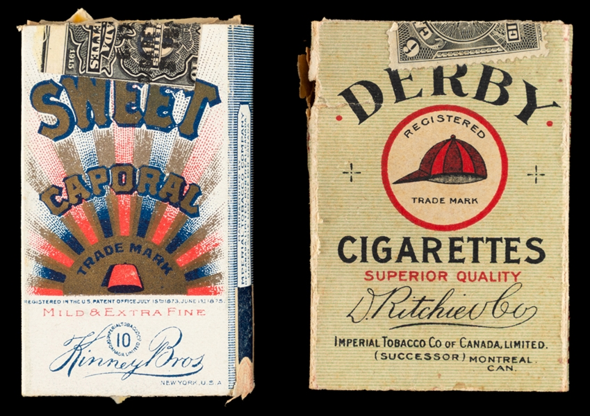 1910s Imperial Tobacco Sweet Caporal Cigarette Box / Wrapper, 1912-13 Imperial Tobacco C57 "Derby" Cigarette Box / Wrapper and 1910s Millbank Cigarette Box