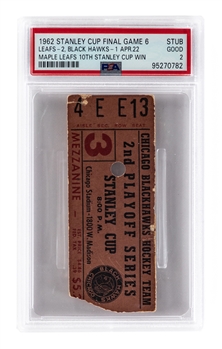 April 22nd 1962 Toronto Maple Leafs vs Chicago Black Hawks Stanley Cup Finals Cup-Clinching Game #6 PSA-Graded Ticket Stub - Maple Leafs Win 10th Stanley Cup!