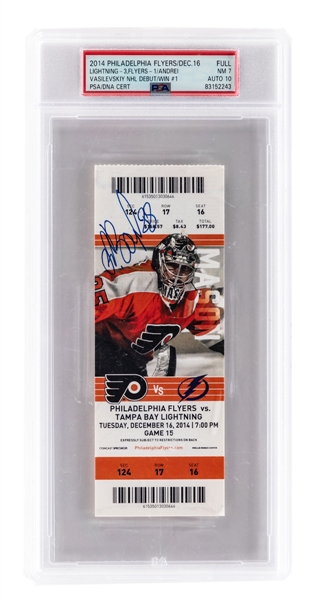 December 16th 2014 Philadelphia Flyers vs Tampa Bay Lightning PSA-Graded Full Ticket - Andrei Vasilevskiy NHL Debut/Win #1! - Signed by Vasilevskiy! (Ticket PSA 7 - Auto PSA 10)