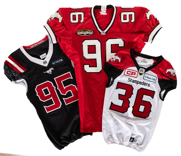 1999 to 2022 CFL Calgary Stampeders Game-Worn and Issued Jersey Collection of 3 Including Bronzell Miller (1999), Glenn Love (2016 Pre-Season) and Stefen Banks (2022)