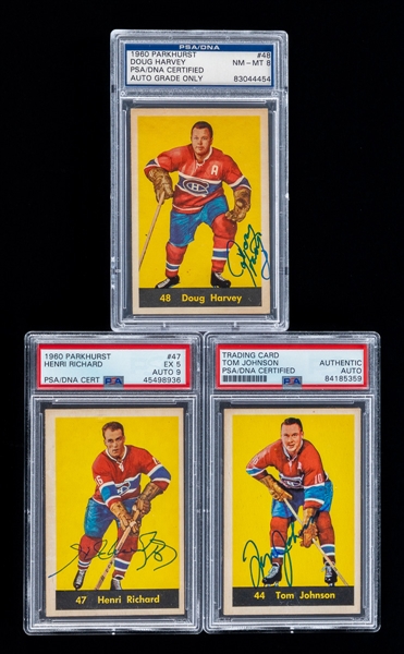 1960-61 Parkhurst Signed Hockey Cards (3) of Montreal Canadiens Deceased HOFers #48 Doug Harvey, #47 Henri Richard and #44 Tom Johnson - Each PSA/DNA Certified