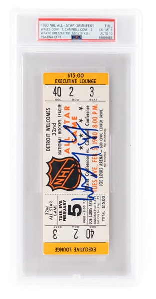 Wayne Gretzky Signed 1980 NHL All-Star Game Full Ticket  (PSA/DNA Certified Authentic Autograph - Autograph Graded 10 - Ticket Graded EX-MT 6) - Wayne Gretzky First NHL All-Star Game!