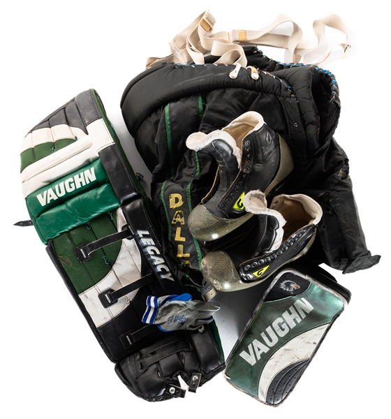 Ed Belfours Early-2000s Dallas Stars Game-Worn Equipment Collection of 4 Including Left Pad, Blocker, Skates and Pants from His Personal Collection with His Signed LOA