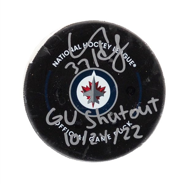 Connor Hellebuyck Winnipeg Jets October 24th 2022 vs St Louis Blues Signed Game-Used Shutout Puck with JSA Auction LOA