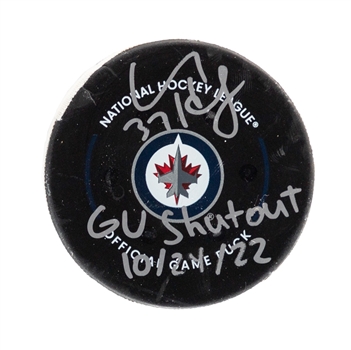 Connor Hellebuyck Winnipeg Jets October 24th 2022 vs St Louis Blues Signed Game-Used Shutout Puck with JSA Auction LOA