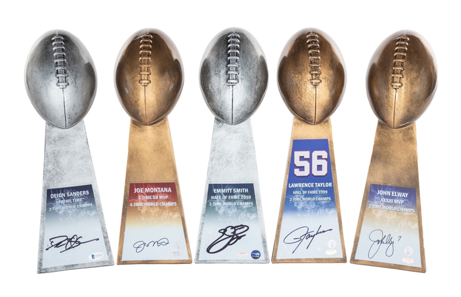 Signed Replica Lombardi Trophy Collection of 5 with COAs - Emmitt Smith, John Elway, Deion Sanders, Lawrence Taylor and Joe Montana!