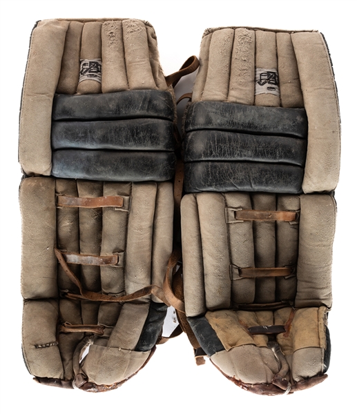 Ed Belfours Late-1980s IHL Saginaw Hawks Game-Worn John Brown Goalie Pads from His Personal Collection with His Signed LOA