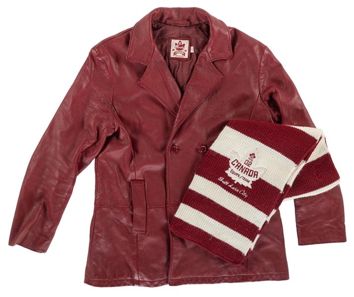 Team Canada 2002 Salt Lake City Winter Olympics Leather Jacket, Scarf and Event Full Ticket from the Personal Collection of a Former Press Chief of the Canadian Olympic Team - Classic Auctions LOA 