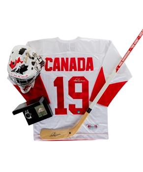 Paul Henderson Signed 2008 World Juniors Team Canada Limited-Edition #2/3 Goalie Mask, Jersey and Stick Plus Ficel 1972 Summit Series Limited-Edition Watch and Card Set with COA For the Mask  