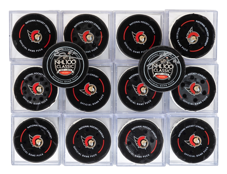Ottawa Senators 2023-24 NHL Goal Puck (Player Tracking Technology Game Pucks) Collection of 12 Plus Signed Pucks/Photos (5)