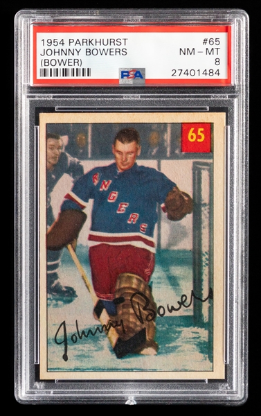 1954-55 Parkhurst Hockey Card #65 HOFer Johnny Bower Rookie - Graded PSA 8