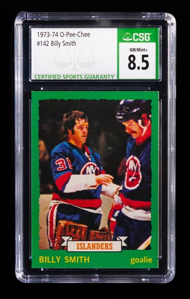 1973-74 O-Pee-Chee Hockey Card #142 HOFer Billy Smith Rookie - Graded CSG 8.5
