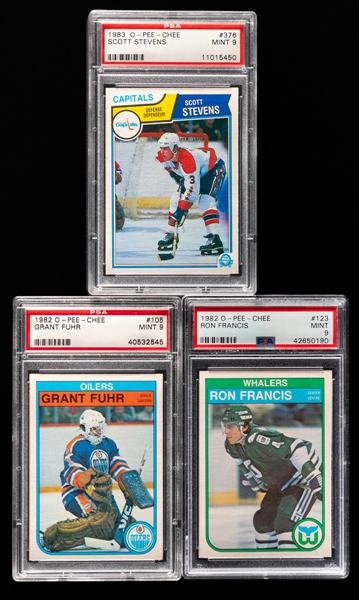 1982-83 and 1983-84 O-Pee-Chee Hockey Rookie Cards of HOFers Grant Fuhr, Ron Francis and Scott Stevens - Each Graded PSA 9