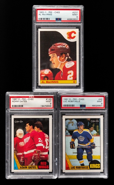 1985-86 and 1987-88 O-Pee-Chee Hockey Rookie Cards of HOFers Al MacInnis, Luc Robitaille and Adam Oates - Each Graded PSA 9