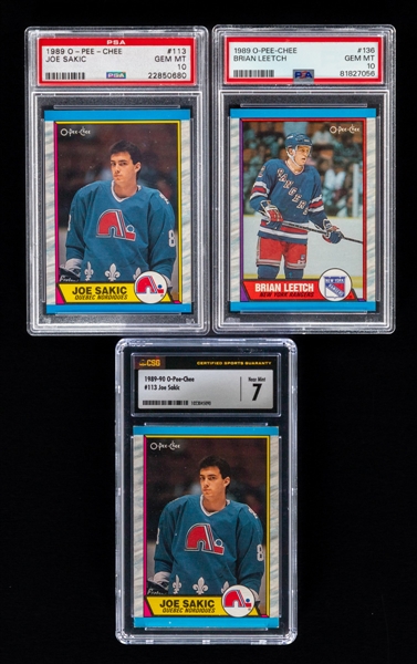 1989-90 O-Pee-Chee Hockey Rookie Cards of HOFers Joe Sakic and Brian Leetch (Both Graded PSA GEM MT 10) Plus Additional Sakic Rookie Card